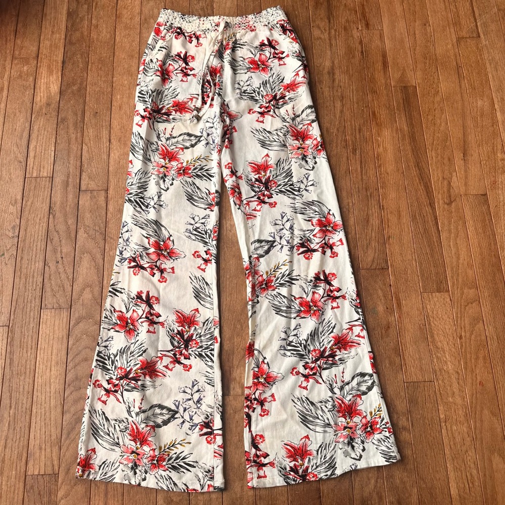 Cali 1850 Wide Leg Pants Womens XS Floral Linen Blend White Modern Vacation
